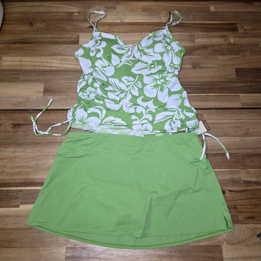 NWT Sonoma Tankini Swim Set Top 12 Bottom 10 Green Hibiscus Floral Y2K Skirt